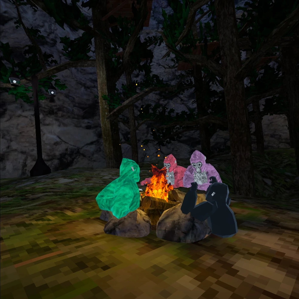 gorillas sitting around a campfire in gorilla tag vr